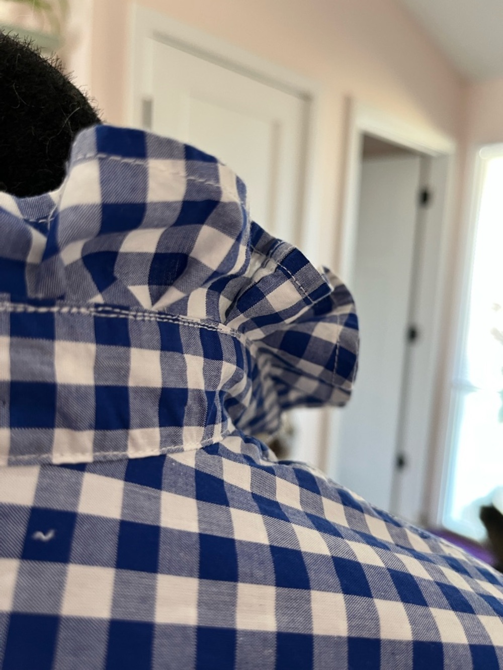 Upcycled L.L. Bean Blue and White Gingham Tie-Front Button-Down Ruffle Collar - Picture 5 of 7